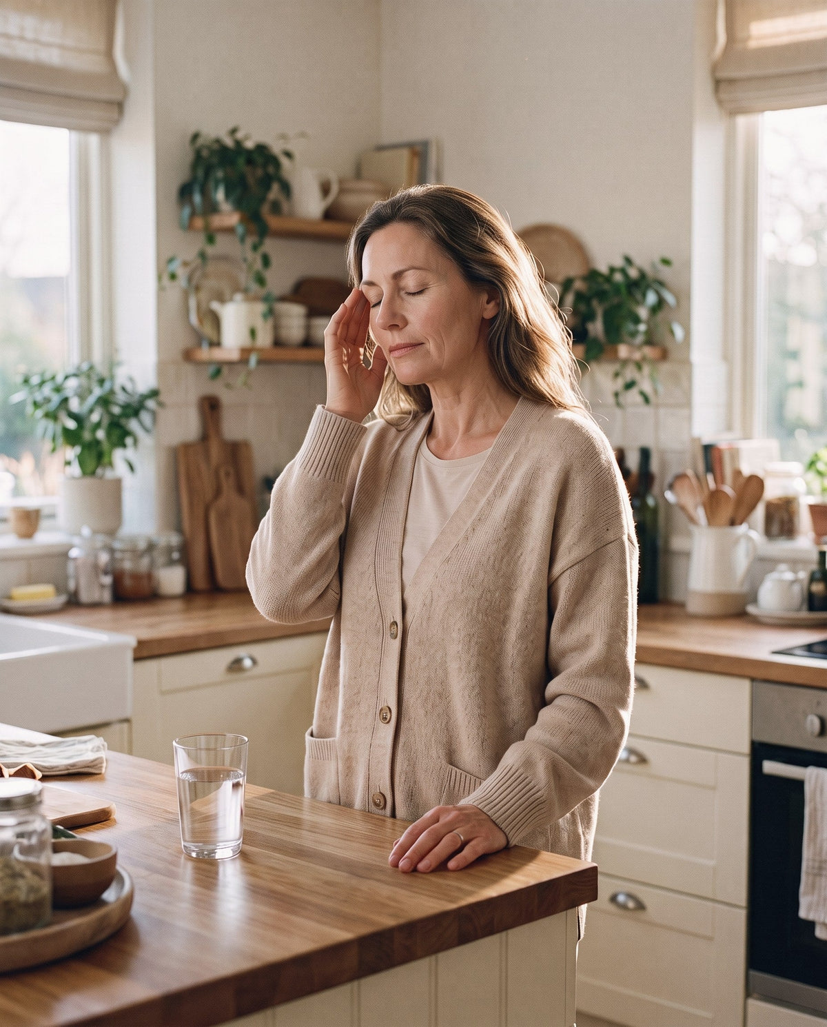Woman taking a breath in the kitchen
