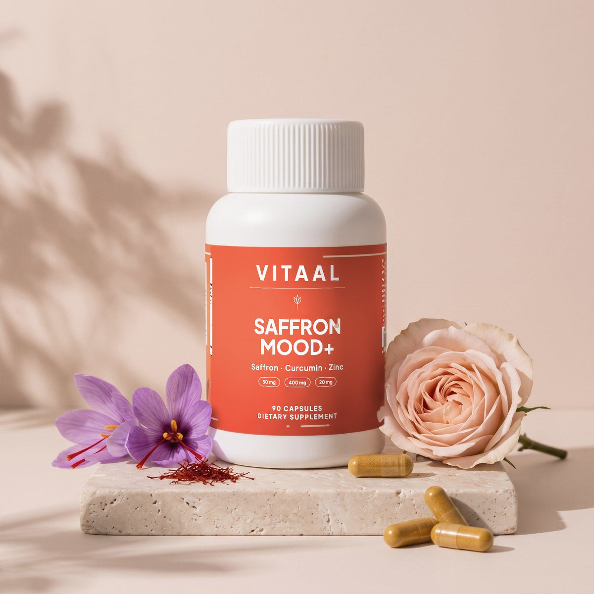 VITAAL Saffron Mood+ bottle with saffron crocus and rose