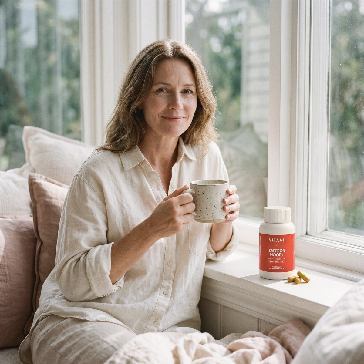 Woman with coffee next to Saffron Mood+
