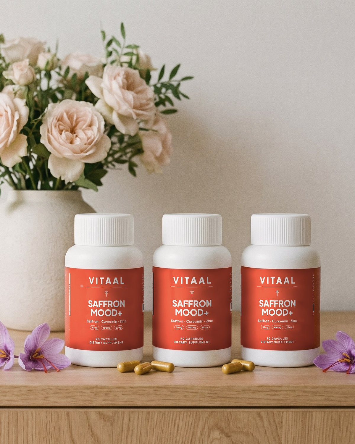 Saffron Mood+ bottles with roses
