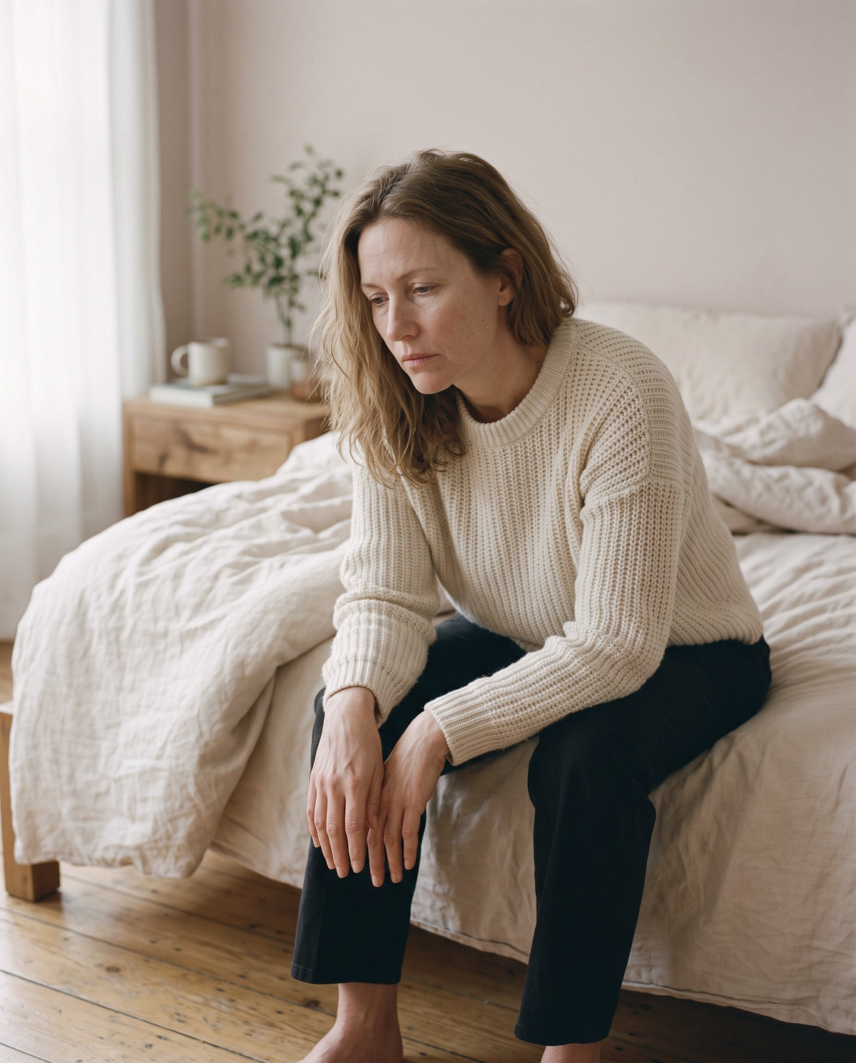 Woman sitting tired on the edge of her bed