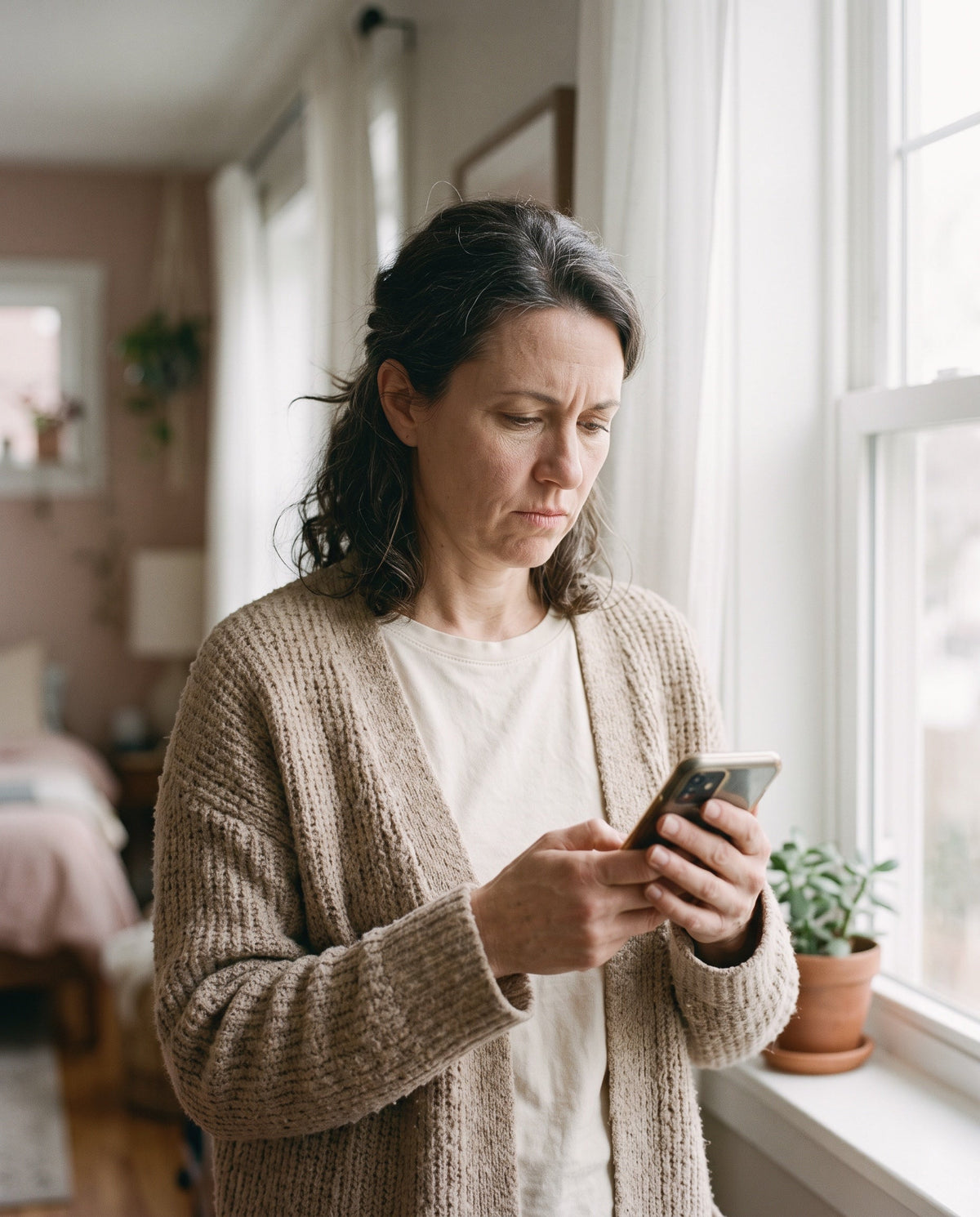 Woman frustrated reading her phone