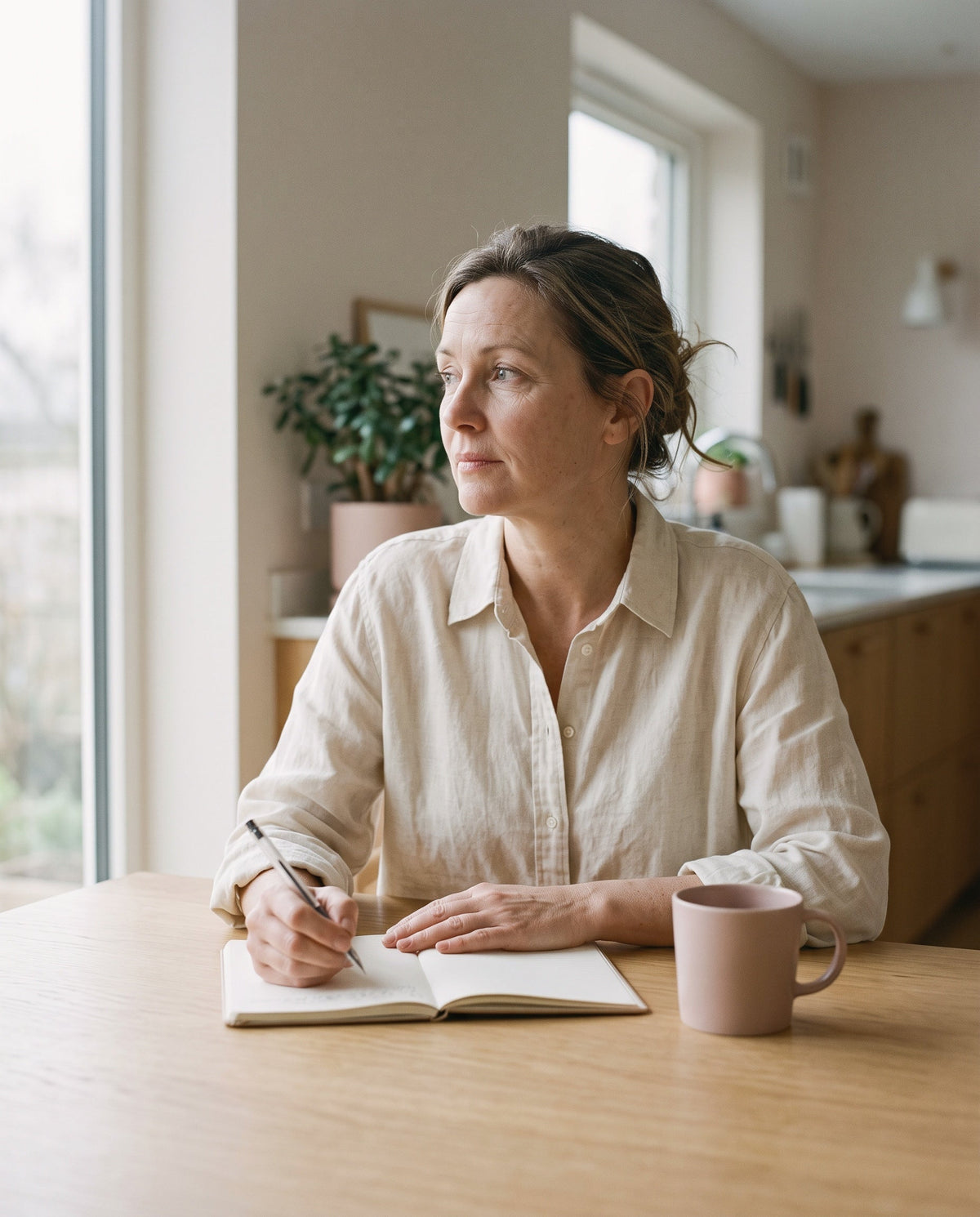 Woman distracted at the kitchen table