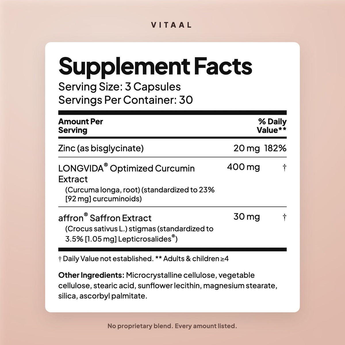 VITAAL Saffron Mood+ Supplement Facts: zinc 20 mg, Longvida curcumin extract 400 mg, affron saffron extract 30 mg