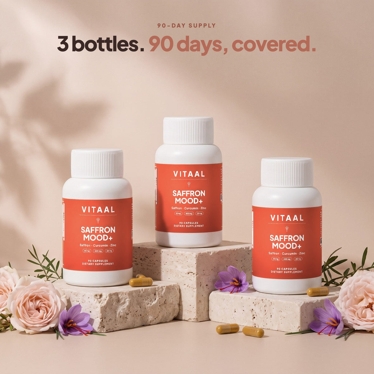 3 bottles of VITAAL Saffron Mood+, a 90-day supply