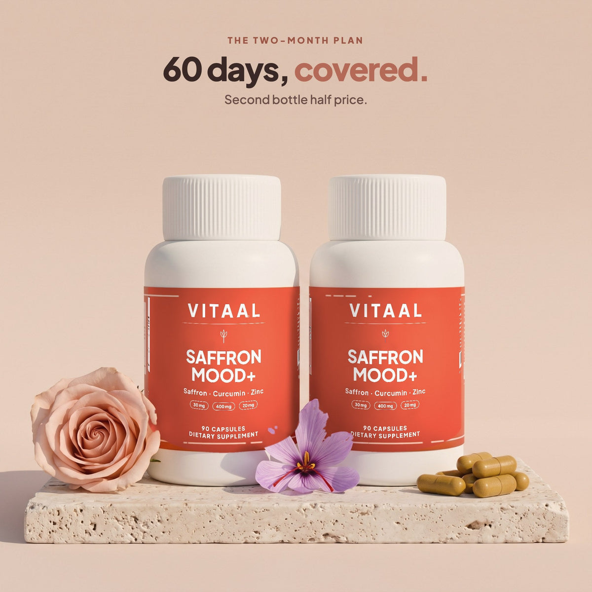 The Two-Month Plan: 2 bottles of VITAAL Saffron Mood+, second bottle half price